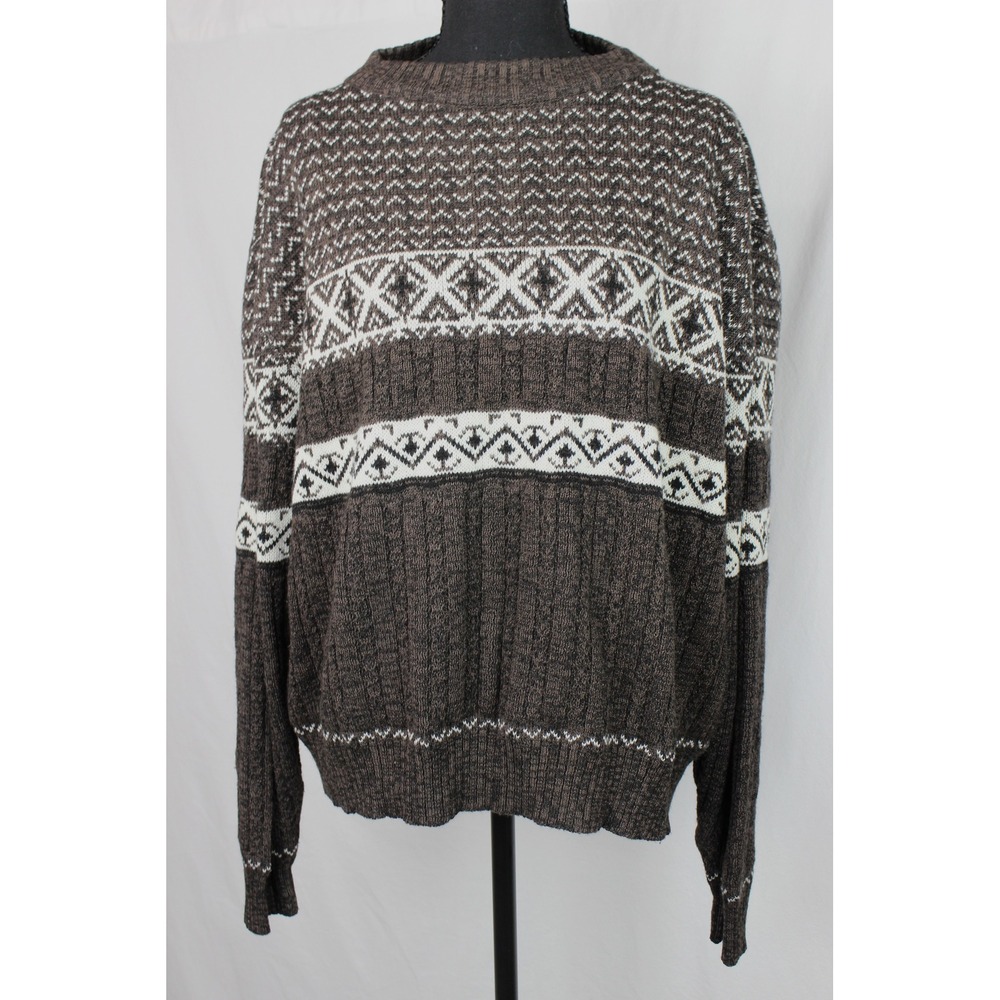 Hardwood & Pine Mens Brown Fair Isle Knit Crew Neck Sweater Geometric Pullover L